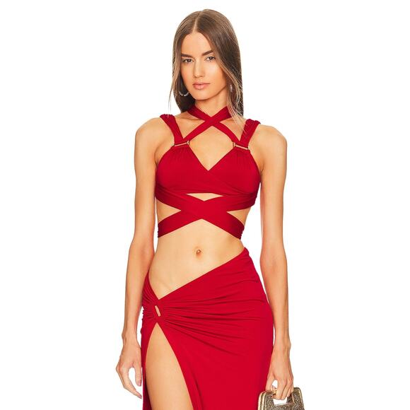 Michael Costello X Revolve Rio Top Halterneck Crisscross Straps Red Size Small - Picture 1 of 12